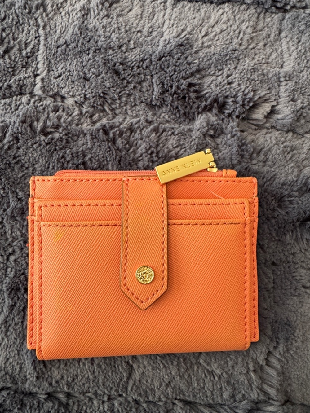 Anne Klein Bright Orange Saffiano Card Wallet with Gold Hardware